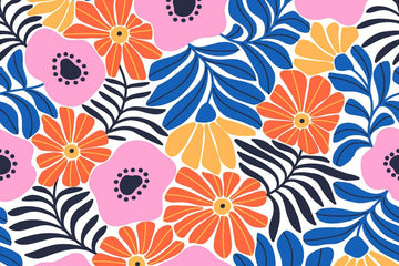 Baumwolle, Popeline mit Blumen, royalblau, 0,5 m